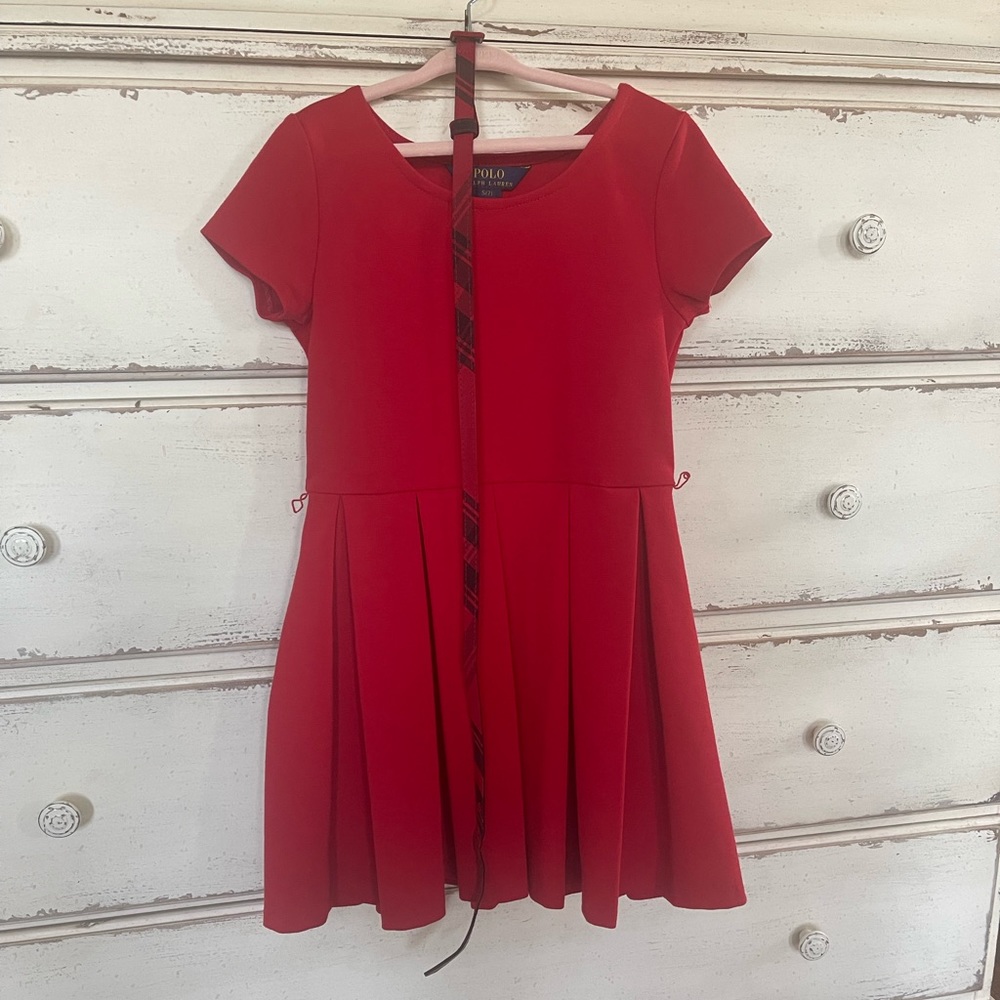 Red pleated dress with belt